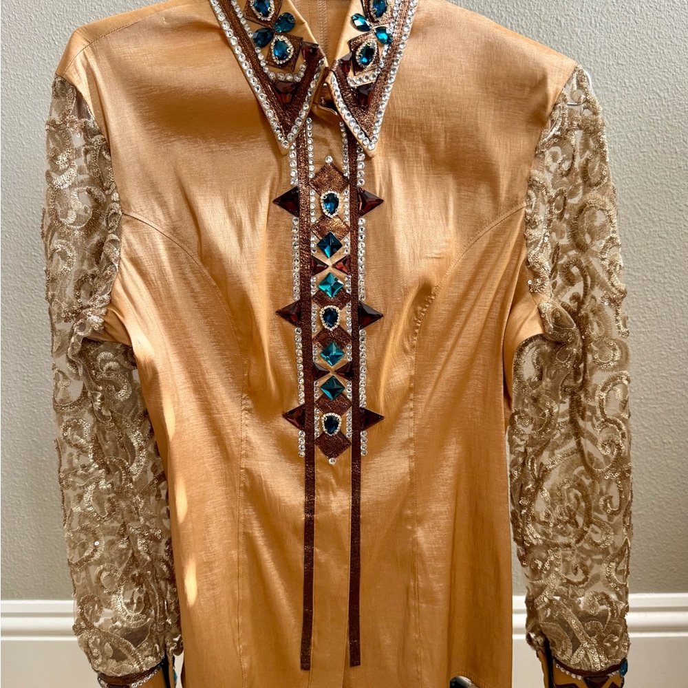 Davlyn Designs Gold and Brown Embellished Reining/Western Riding  Show Shirt - Picture 2 of 10